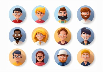 3d render, people avatar collection. Set of round stickers with cartoon character faces, user id thumbnail, modern icons for social account design. Portrait circles isolated on white, Generative AI - obrazy, fototapety, plakaty