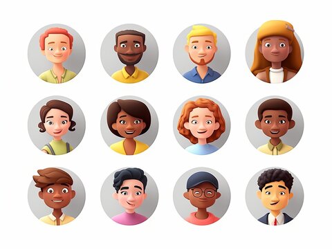 3d render, people avatar collection. Set of round stickers with cartoon character faces, user id thumbnail, modern icons for social account design. Portrait circles isolated on white, Generative AI