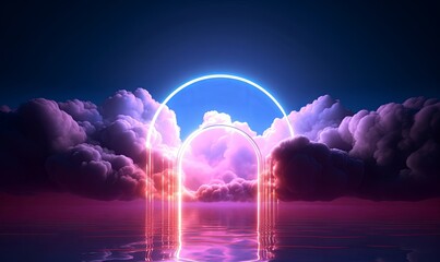 3d render, abstract neon background with illuminated cloud and round geometric arch. Mystical foggy scene, Generative AI - obrazy, fototapety, plakaty