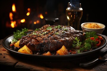 Delicious grilled meat with vegetables on plate on wooden table, closeup