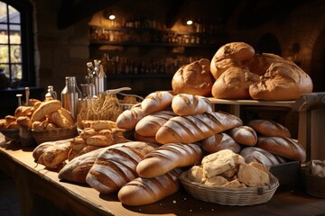 Bread in a bakery in the old town. Different types of bread on counter in bakery, closeup. Food delivery service
