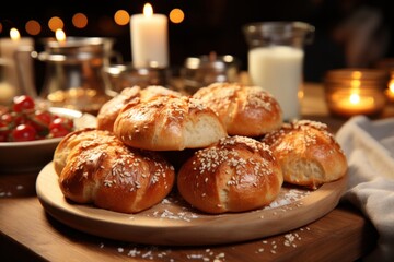Bread in a bakery in the old town. Different types of bread on counter in bakery, closeup. Food delivery service
