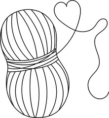 Line yarn skein or wool ball with heart thread. Love knitting and crocheting