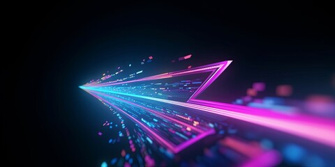 3d render, abstract neon arrow turns right. Speed and technology concept. Glowing pink blue lines and bokeh lights, Generative AI - obrazy, fototapety, plakaty