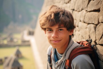 Close-up portrait photography of a glad boy in his 20s thumb up wearing a delicate silk blouse at the machu picchu in cusco peru. With generative AI technology