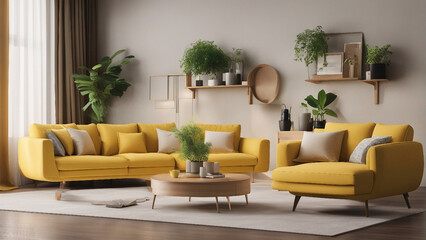 Modern vintage interior living room with lcd tv and small plant