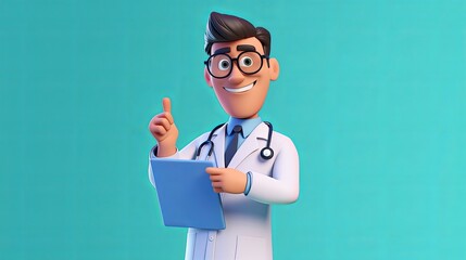 3d render, cartoon character smart trustworthy doctor wears glasses and holds blue clipboard. Professional caucasian male specialist. Medical clip art, Generative AI - obrazy, fototapety, plakaty