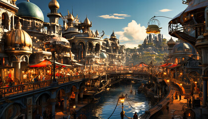 A bustling floating market in a steampunk cityscape, with vendors selling clockwork trinkets and steam-powered contraptions