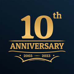 10 years anniversary golden logo, icon, label or badge. 10th jubilee, birthday celebration vintage design template. Wedding, invitation card element. Vector illustration.