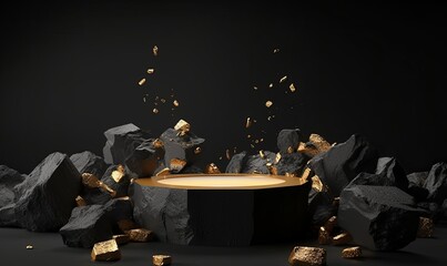 3d render, abstract background with black cobblestone ruins, broken rocks and golden nuggets. Modern minimal showcase scene with empty cylinder podium, Generative AI