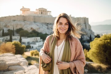 Fototapeta na wymiar Lifestyle portrait photography of a happy girl in her 30s holding a book wearing a lightweight packable anorak in front of the acropolis in athens greece. With generative AI technology
