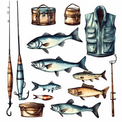 Set of river fish and fisherman vest - obrazy, fototapety, plakaty