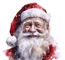 Uśmiechnięty Święty Mikołaj, akwarela na przeźroczystym tle.