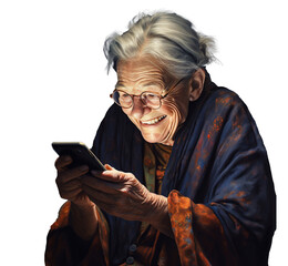 Starsza, uśmiechnięta, pozytywna kobieta z telefonem komórkowym. - obrazy, fototapety, plakaty
