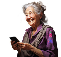 Starsza, uśmiechnięta, pozytywna kobieta z telefonem komórkowym. - obrazy, fototapety, plakaty