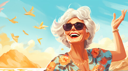 happy senior woman in hat and sunglasses on beach - summer holidays, travel, tourism and people concept