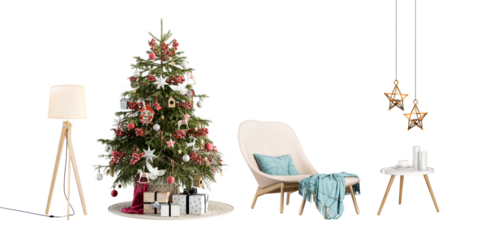 Christmas tree in a living room with modern furniture on white