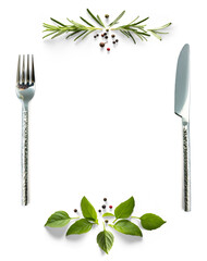 Food poster with cutlery and fresh mediterranean herb and spices with real transparent shadow isolated on transparent background. PNG cooking background design element