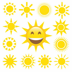 Happy yellow sun emoji with smiled face and sunglasses, hot summer season vector illustration set of sun face, smile expression emotion