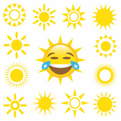 Happy yellow sun emoji with smiled face and sunglasses, hot summer season vector illustration set of sun face, smile expression emotion