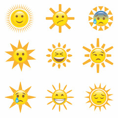 Happy yellow sun emoji with smiled face and sunglasses, hot summer season vector illustration set of sun face, smile expression emotion