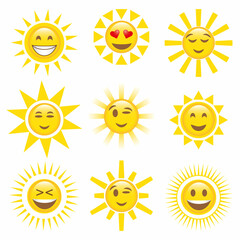 Happy yellow sun emoji with smiled face and sunglasses, hot summer season vector illustration set of sun face, smile expression emotion