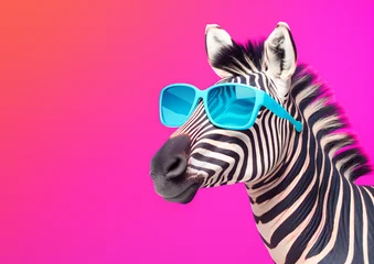 Poster Zebra Wearing Blue Sunglasses on a Vibrant Pink Background: A Playful Take on Reality—Perfect for Adding Whimsy to Marketing Campaigns or Children's Decor © Boris