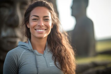 Close-up portrait photography of a blissful girl in her 30s smiling wearing a moisture-wicking running shirt at the moai statues of easter island chile. With generative AI technology