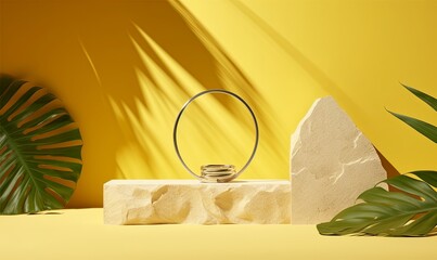 3d render, abstract summer yellow background with tropical leaf shadow and bright sunlight. Minimal showcase scene with cobblestones and silver ring for organic cosmetic product, Generative AI