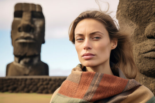 Photography in the style of pensive portraiture of a merry girl in her 30s holding a box donning a gorgeous silk scarf at the moai statues of easter island chile. With generative AI technology
