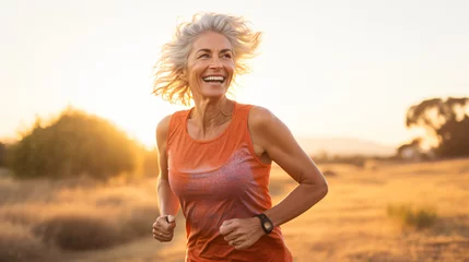 Keuken spatwand met foto Portrait of smiling senior woman running in field at sunrise. Mature woman jogging outdoors. © Marc Kunze