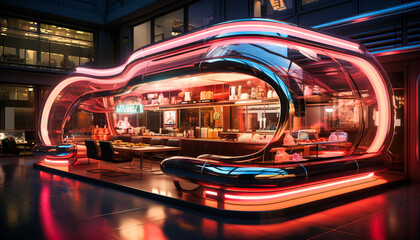 A retro-futuristic diner where holographic waitstaff serve neon-colored dishes to patrons under hovering hovercars - obrazy, fototapety, plakaty