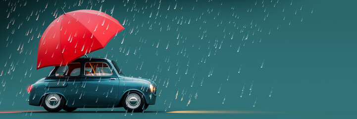 Cute retro car with red umbrella and heavy rain on teal background with copy space. 3D Rendering, 3D Illustration