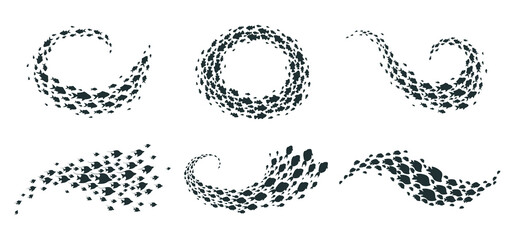 Tropical fish shoal set. Cartoon underwater fish swimming groups, fish shoal silhouettes. Coral reef fauna shoal flat vector illustration collection © GreenSkyStudio