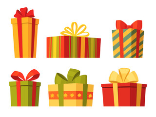 Christmas gift boxes. Cartoon wrapped xmas gifts, winter holidays surprises. Birthday or xmas gift boxes flat vector illustration set