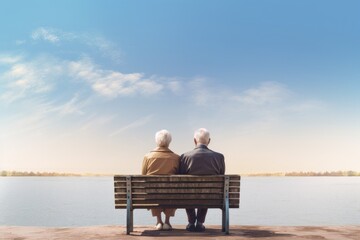 Elderly couple sitting on a park bench looking at the horizon, love life. Generative AI