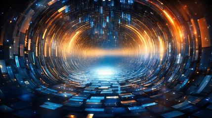 Fotobehang A mesmerizing tunnel of swirling binary code transitioning into quantum bits in a spiraling vortex © Nilima