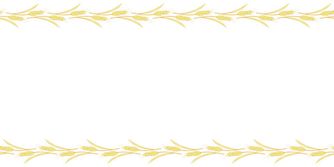 Vector Background, frame made of golden wheat or rye ears in doodle flat style. Horizontal top and bottom edging, border, decoration on theme of bakery products, flour, harvest, thanksgiving