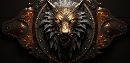 Fierce lion head emblem carved from metal plate. Generative AI