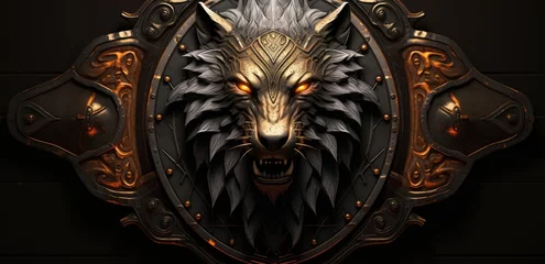 Fotobehang Fierce lion head emblem carved from metal plate. Generative AI © Deivison