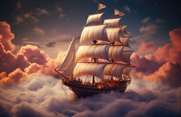 Pirate ship in a sea of clouds, concept of dreams and fantasy. Generative AI - obrazy, fototapety, plakaty