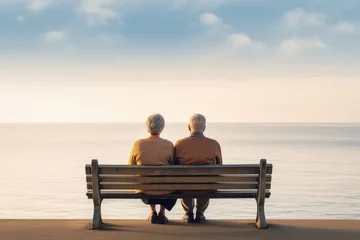 Poster Elderly couple sitting on a park bench looking at the horizon, love life. Generative AI © Deivison