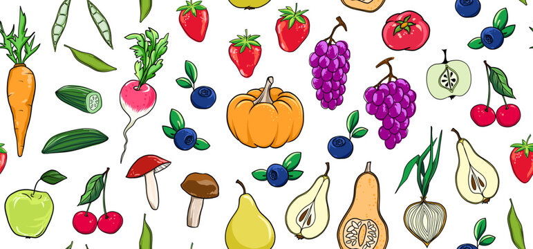 Seamless pattern with fruits and vegetables. Vector illustration in doodle style.