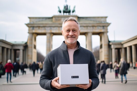 Medium shot portrait photography of a jovial mature man holding a box showing off a lace bralette in front of the brandenburg gate in berlin germany. With generative AI technology