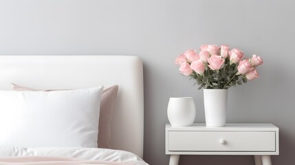 Serenity by Design: Soft Pink Roses on Tranquil White Nightstand