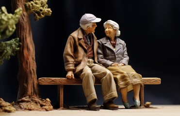 Elderly couple miniatures sitting on a park bench, concept of love and dating. generative AI