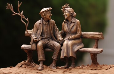 Elderly couple miniatures sitting on a park bench, concept of love and dating. generative AI
