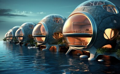 Landscape with futuristic rounded house next to a lake, concept of fiction and futurism. Generative AI