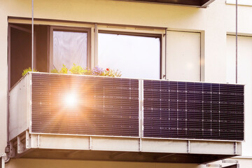 Solar Panel Balcony Flat of  Residential Apartment Building. Clean Energy Mini Solar Panel of...