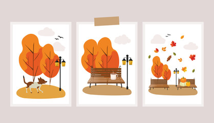 Hello autumn, sale banner, autumn park, flat illustration, vector